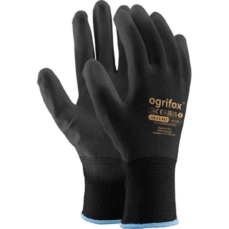 Ogrifox OX-Poliur Bb9 OX.12.442 - Guanti protettivi da lavoro in poliestere, confezione da 12, colore: Nero/Nero, taglia L/9 (1/2)