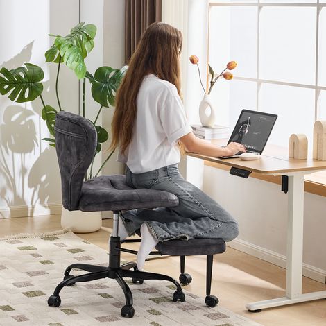 Sedia da Ufficio per Seduta a Gambe Incrociate, Girevole 360°, Altezza Regolabile, Poggiapiedi Retrattile, Tessuto Grigio (1/5)