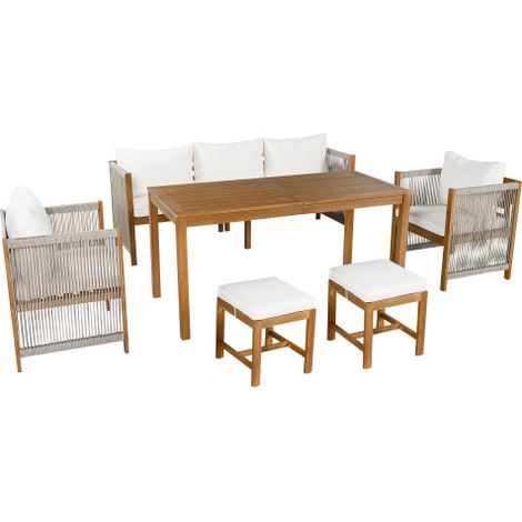 Gartenmöbel Set 6 Teilig Beige, Garten Esstisch Set mit 3er-Sofa, 2 Sesseln, 2 Hockern und Akazienholz-Tischplatte