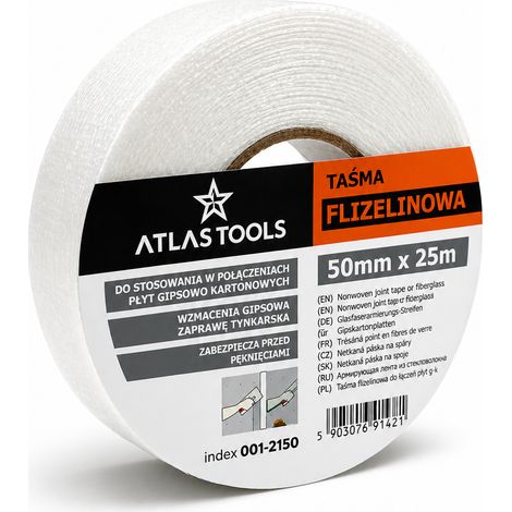 Atlas Tools Konstruktionsklebeband, Vliesstoff, zum Verbinden von Gipskartonplatten, glatt, kratzfrei, 50 mm/25 m (1/5)