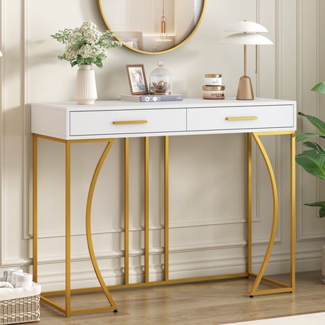 Konsolentisch 110x32x85 cm Weiß MDF mit Metallgestell und Schublade, verstellbaren Füßen und goldfarbenen Griffen (1/5)