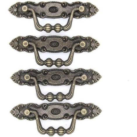 Lot de 4 poignées de tirage vintage en laiton antique – Poignées tombantes pour commode, armoires, longueur 10 cm et hauteur 3,8 cm