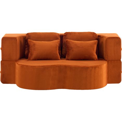 Sofá Futón Plegable de Suelo 4 Cojines, Espuma de Alta Densidad, Tela de Peluche, Naranja (1/5)