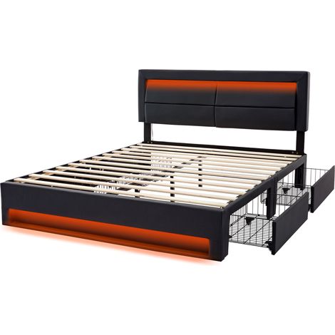 Lit capitonné 140 x 190 cm en PU noir avec LED, USB et 4 tiroirs de rangement (1/5)