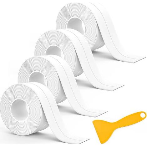 Bande d'étanchéité de bain, 4 rouleaux Bande d'étanchéité de salle de bain imperméable, bande de caulk autocollante avec outil d'étanchéité (blanc) (1/5)