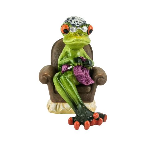 Figur einer Froschoma im Sessel beim Stricken, 11 x 8,5 x 10,5 cm (1/5)