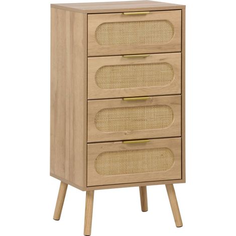 Wood and cane effect 4-drawer chest, with gilded metal handle, natural colour - W 48 x D 39.5 x H 96 cm, Eva sweeek
