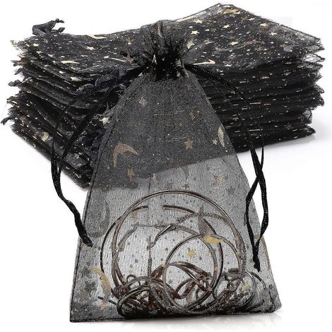 100 sachets en organza transparent. Sachets à dragées noirs avec cordon de serrage. Pochette cadeau pour bijoux 10 x 15 cm. (1/5)