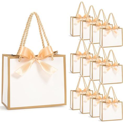 Lot de 12 petits sacs cadeaux avec nœuds en ruban, 14 x 6 x 12 cm/5,51× 2,36× 4,72 pouces, mini sacs à dragées blancs avec poignées pour anniversaires, fête de mariage, fête prénuptiale, baby shower