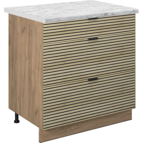 Mobiletto base per cucina Fame-Line, Pannello in quercia, 80 cm con 3 cassetti, PL Marmo, Vicco