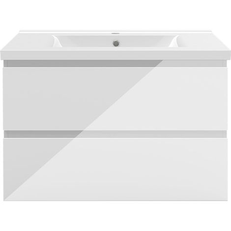 Aica Ensemble de meubles de salle de bain 80 cm avec vasque, 2 tiroirs à fermeture amortie - meuble suspendu , Brillance, Blanc