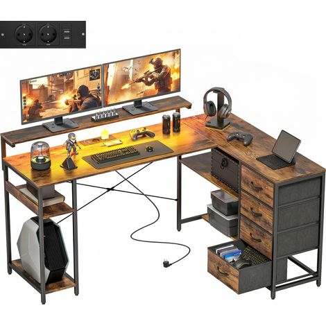 Bureau gaming en L avec prise électrique pliable marron pour salon électrique, éclairage LED, tiroirs, support écran, 91,4 (1/5)