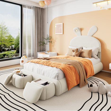 lit enfant simple rangement LED 90x200 velours beige OKMYHOME (1/5)