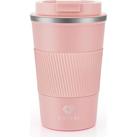 Isolierbecher Edelstahl 380ml auslaufsicher Reisebecher mit Deckel, doppelwandig, warm/kalt, hellrosa (1/5)