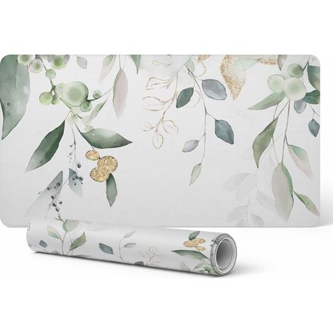 Alfombrilla decorativa de escritorio con estampado de hojas en acuarela, 100x50 cm.