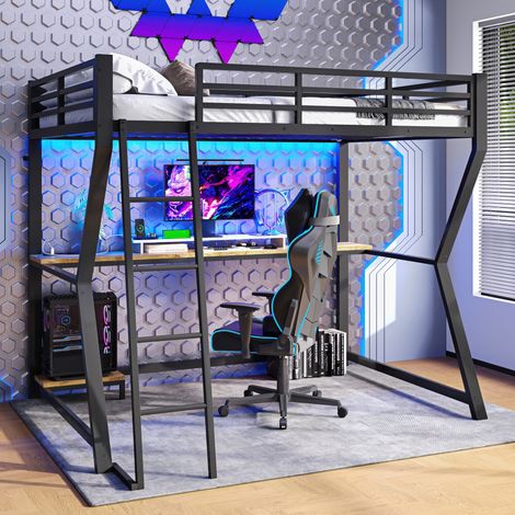 Cama alta 90x200 cm con escritorio y LED, con enchufe USB, segura, metal y MDF negro(Sin colchón)