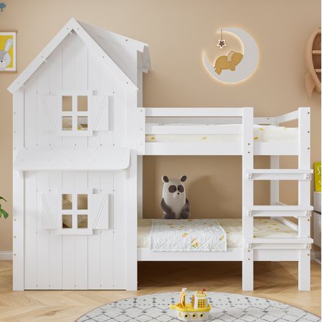 Letto a castello per bambini con tetto e finestre, legno massello+MDF bianco, 90x200 cm, con sponde di sicurezza (1/5)