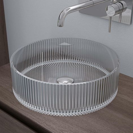 doporro Lavabo da Appoggio in Vetro Temperato Lavandino Bagno Rotondo 40 x 40 x 12 cm Trasparente Lavello Design Artistico con Texture per Cucina WC Ospiti Minerva01 (1/5)