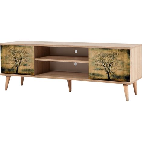 Meuble TV en bois clair à lamelles avec niche Kiza 729 (1/5)