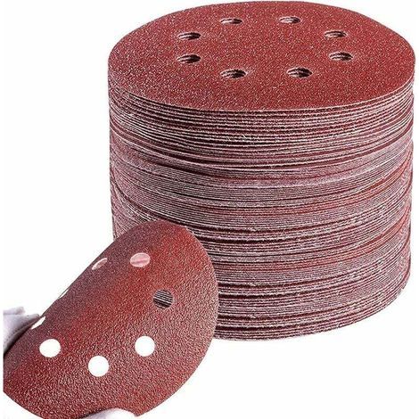 Lot de 100 disques abrasifs 125 mm – Grain p60/80/100/120/240 – 8 trous pour aspiration – Pour ponceuse excentrique bois dur (1/5)