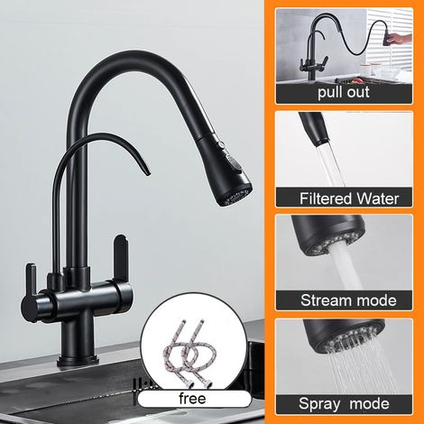 Robinet de cuisine à eau pure noir mat, double poignée, eau chaude et froide, mitigeur extractible. (1/5)