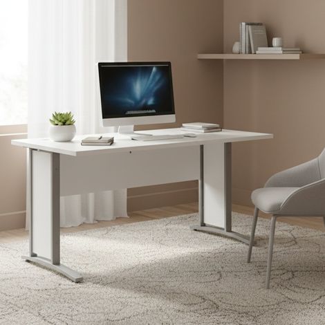 Escritorio de oficina Dmora, color blanco, 150 x 74,5 x 80 cm, con embalaje reforzado (1/5)