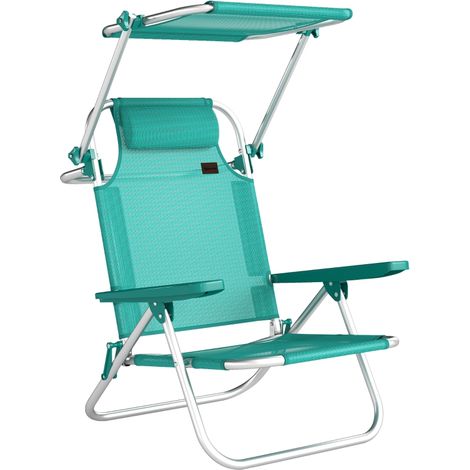 Chaise de plage pliable inclinable 6 positions, auvent et repose-tête, turquoise 62x68x79cm