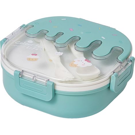 Bento-Lunchbox für Kinder und Erwachsene, 3 Kunststofffächer, niedliche Eiscreme-Snackbehälter mit Gabel und Löffel, für Schule, Arbeit, Reisen, grün (1/5)
