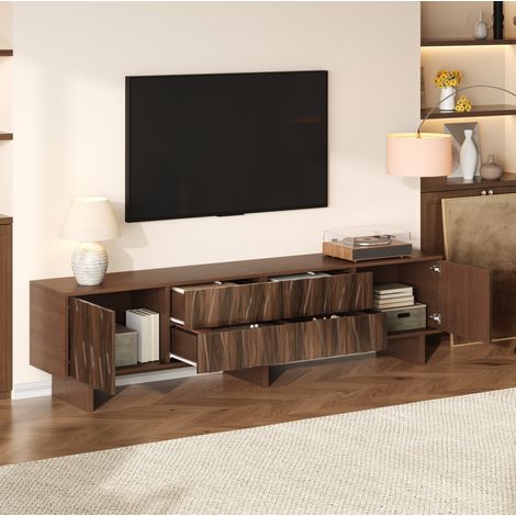 Mueble TV (180x40x56 cm), diseño ondulado, 4 cajones y 2 puertas, aglomerado, color nogal (1/5)