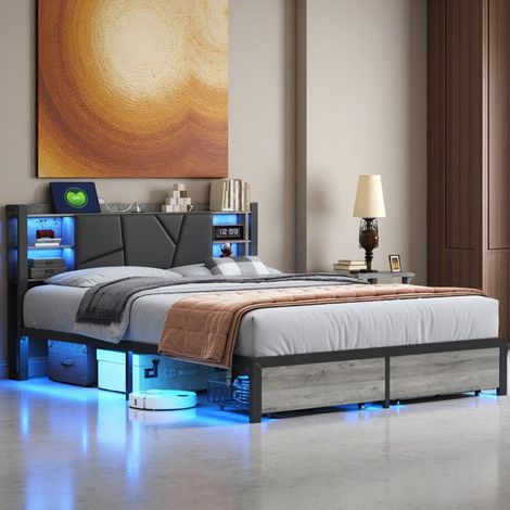 Cama 160x200 cm, USB y Type-C, LED RGB, escandinava, cama doble, marco de cama para adultos 160x200 cm, PU, negro