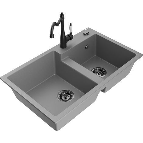 Mexen Tomas granitspüle 2-becken mit Küchenarmatur Carla, grau - 6516-71-670700-70-B (1/5)