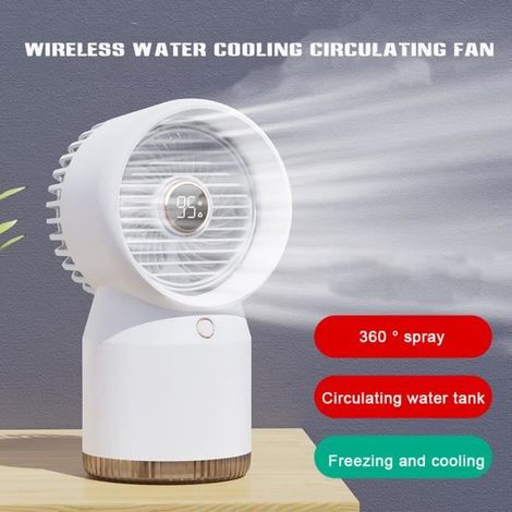Ventilatore nebulizzatore bianco, umidificatore a vapore, 3 velocità di ventilazione, ricarica USB. (1/4)