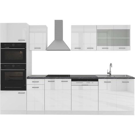 Mueble de cocina R-Line, Blanco alto brillo/blanco, 300 cm con armario alto, ET Antracita, Vicco