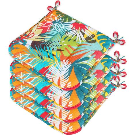 Set 4 Cuscini Sedia Cotone Con Lacci Lavabili Morbidi Universali Coprisedia Foglie Palma Multicolore