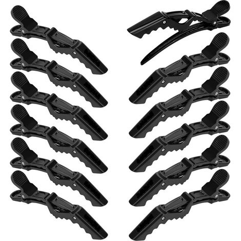 12 forcine per acconciature - Forcina per capelli a coccodrillo con doppia cerniera a denti larghi, qualità professionale da salone (nero) (1/4)