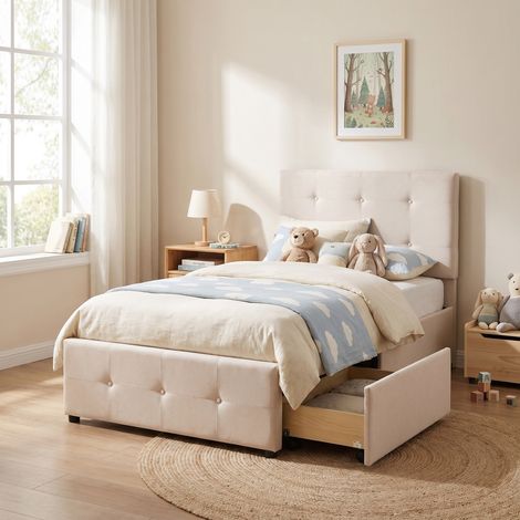 Letto per bambini 90x190 cm, letto singolo con cassetto contenitore e testiera regolabile, struttura in velluto, stile moderno scandinavo, beige