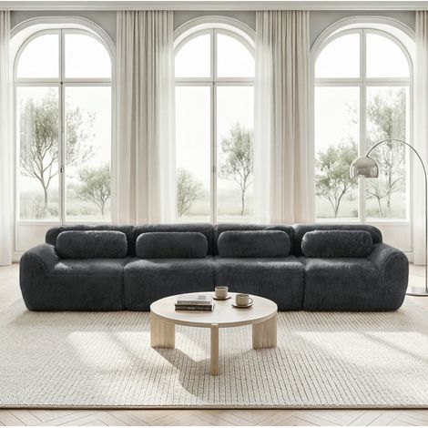 Sofá modular 4 plazas de peluche gris, sin estructura con base antideslizante (1/5)