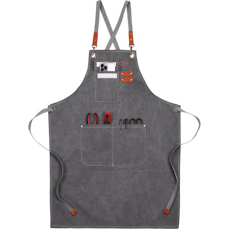 Tablier de travail en toile, Tablier de travail multifonction avec 3 Poches À Outils,Tablier à outils avec croiser en arrière,Pour barbier peintre jardinier barista soudage cuisiner (1/5)