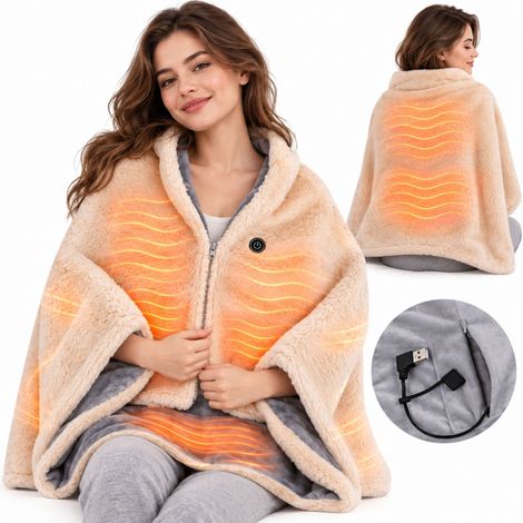 BEPER P203TFO150 Coperta Riscaldante Indossabile, Coperta Elettrica Senza Fili con Zip, 3 Livelli di Calore, Tessuto Morbido, Tasca per Power Bank, USB (1/5)