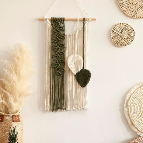Boho-Makramee-Wandbehang mit grünem Blattmuster – Großer, gewebter Wandbehang mit Blattmotiven, handgefertigt für Wohn- und Schlafzimmer (1/5)