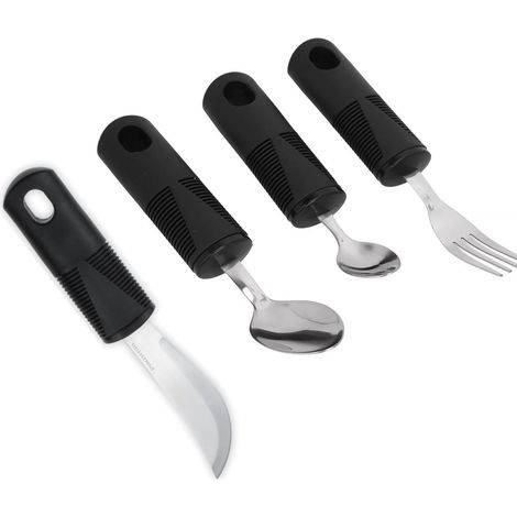 Ensemble de couverts adaptés en acier inoxydable avec manche en caoutchouc anti-tremblements, conçu pour les personnes âgées handicapées. Ensemble de 4 pièces pour la rééducation et l'aide à l'aliment (1/5)
