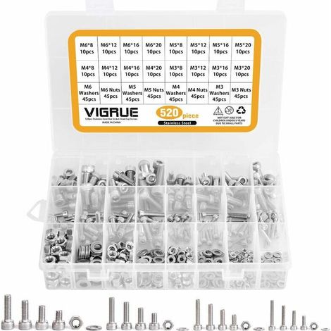 Kit 520PCS M3 M4 M5 M6 en Acier inoxydable Bouton à tête hexagonale Socket Tête Câble Boulons Vis avec écrous Assortiment (1/5)