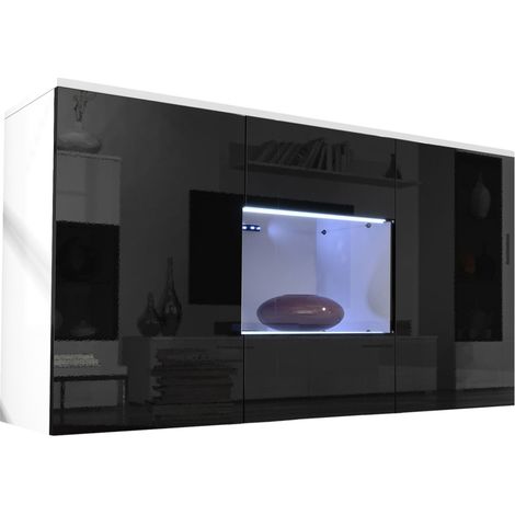 Aparador de salon con LED colgante 2 puertas 1 vitrina  Aparador de cocina  Mueble de salon  120x70x40cm  Modelo Nora A2  Blanco con Negro brillo