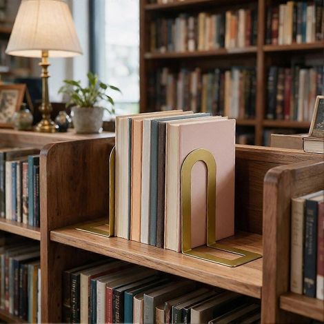 Serre-livres en métal plaqué or, lot de 6, étagère en forme de U robuste, serre-livres décoratifs solides, étagères à livres peu encombrantes. (1/5)