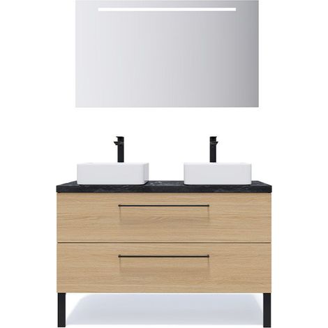 Meuble de salle de bain suspendu 2 vasques à poser 120cm 2 tiroirs Chêne clair + miroir - Glasgow (1/5)
