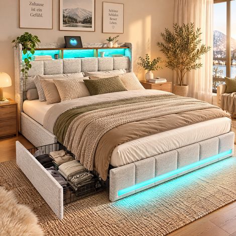 HYTKKBD - Lit Double 160x200 cm avec 4 Tiroirs,Lit Adulte avec Éclairage LED et Ports USB,Cadre de Lit avec Sommier à Lattes,Facile à Assembler,Tissu en Lin - Beige