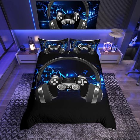 Casque 135x200cm Ensemble de literie Notes mélodie Musique Housse de Couette Enfants garçons Adolescents Jeux vidéo Comfort Cover Couvre-lit (1/5)