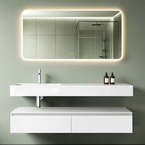 Mai & Mai Meuble de Salle de Bain Blanc Mat Ensemble de 3 Pièces Meuble avec Lavabo 150cm et LED Miroir Design Up avec 2 Grands Tiroirs