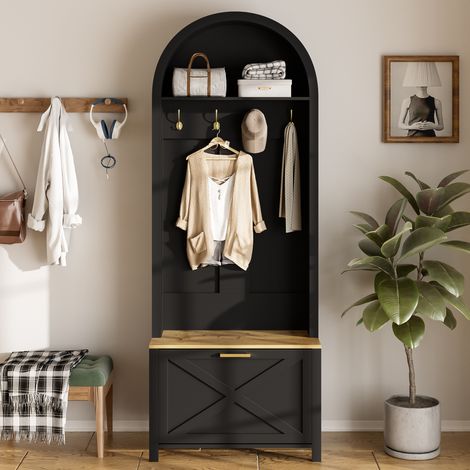 Modernluxe – Ensemble de meubles d'entrée 75x35x195 cm – Meuble à chaussures et crochets en MDF – Design noir et naturel – Rangement compact et durable