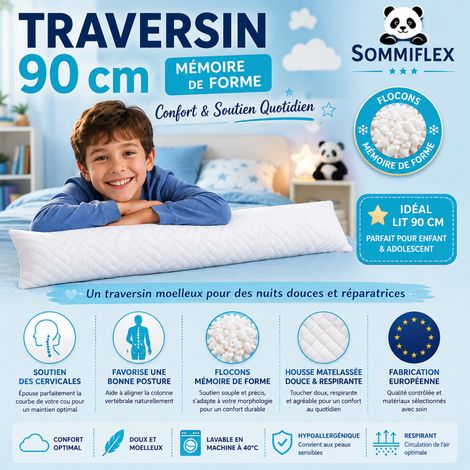 Traversin polochon 90 cm mémoire de forme Idéal lit double Confort ferme Lavable Soutien cervical Sommiflex